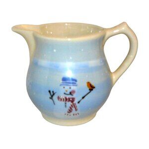 Vintage Ceramic Snowman Pitcher Hand-Painted Winter Scene Cream & Blue 6" Tall
